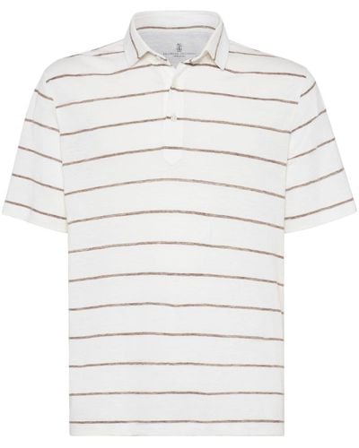 Brunello Cucinelli Striped Linen-cotton Polo Shirt - White