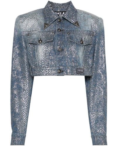 Versace Animalier Cropped Denim Jacket - Blue