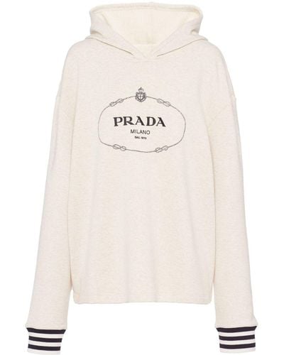 Prada Logo-embroidered Cotton Fleece Hoodie - White
