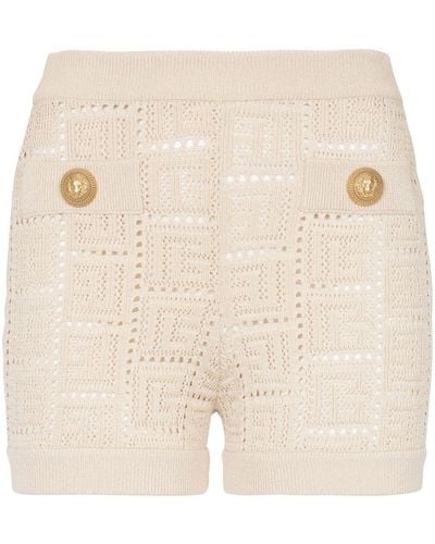 Balmain Monogrammed openwork knit mini shorts - Natur