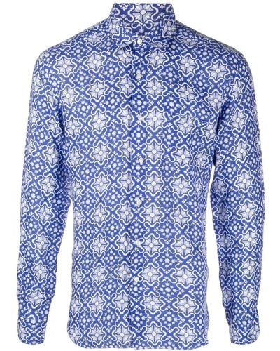 Peninsula Geometric-print Long-sleeve Shirt - Blue
