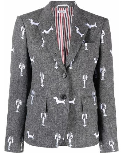 Thom Browne Embroidered Tweed Blazer - Grey