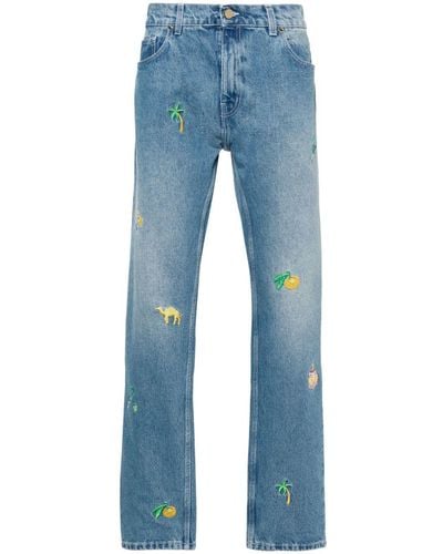 Casablanca Embroidered-design Cotton Straight-leg Jeans - Blue