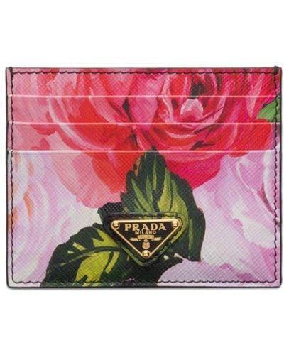Prada Floral-print Saffiano Leather Cardholder - Red
