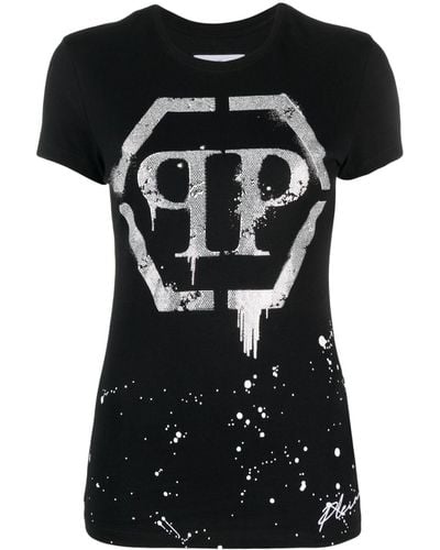 Philipp Plein T-shirt à logo orné de cristaux - Noir