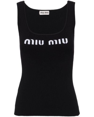 Miu Miu Top sin mangas de canalé con logo - Negro
