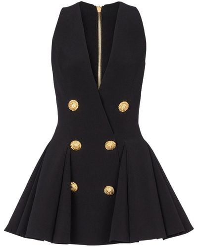 Balmain Pleated Crepe V-Neck Mini Dress - Black