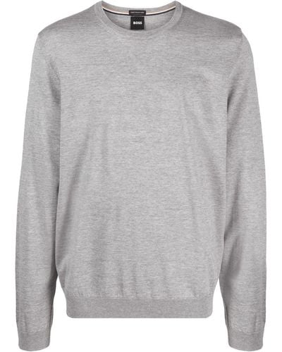BOSS Round-neck Virgin-wool Sweater - Gray