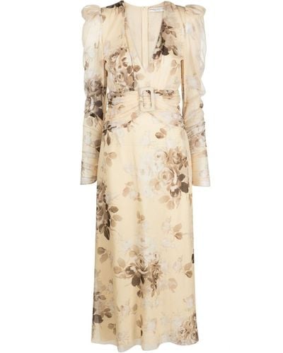 Alessandra Rich Floral-print Belted Silk Dress - Natural