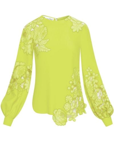 Oscar de la Renta Floral-embroidered Silk Blouse - Yellow