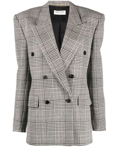 Saint Laurent Check-pattern Double-breasted Blazer - Gray