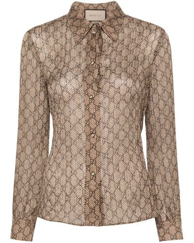 Gucci GG Damier Print Silk Shirt - Brown