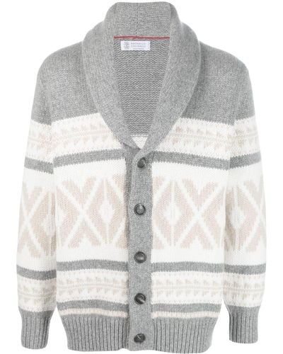 Brunello Cucinelli Pattern-intarsia Knitted Cashmere Cardigan - Gray