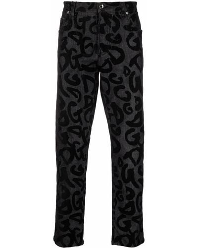 Dolce & Gabbana Flocked-logo Straight-leg Jeans - Black