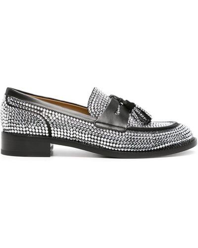 Rene Caovilla Embellished Leather Loafers - Women's - Calf Leather/lamb Skin/crystal - Gray