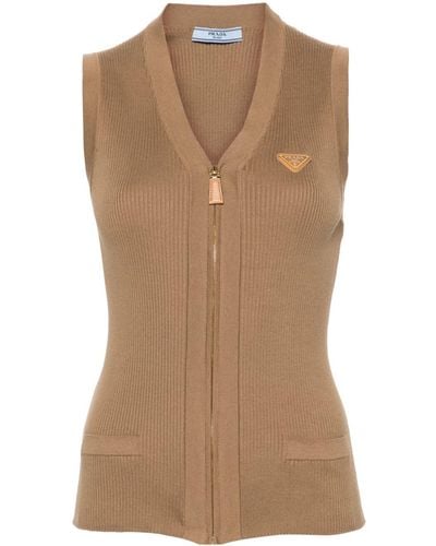 Prada Gilet en coton à logo triangulaire - Marron