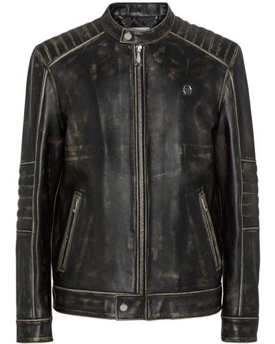 Philipp Plein Distressed Leather Moto Jacket - Black