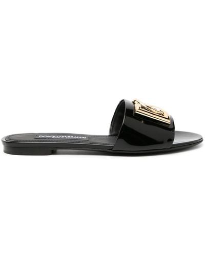 Dolce & Gabbana Claquettes en cuir à plaque logo - Noir