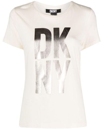 DKNY Metallic-finish Logo-print Jersey T-shirt - Natural