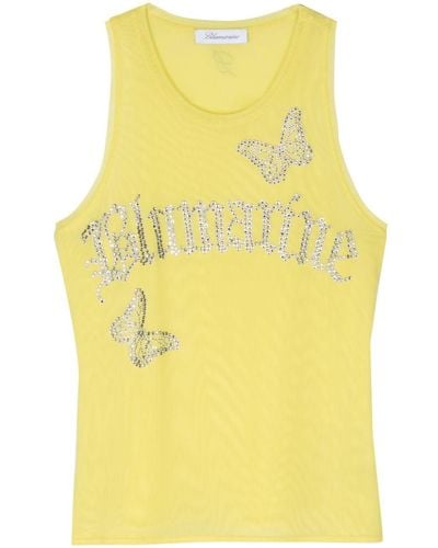 Blumarine Rhinestones-logo Mesh Tank Top - Yellow