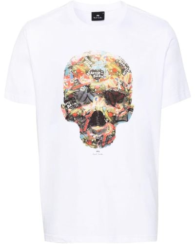 PS by Paul Smith Skull Sticker T-Shirt aus Bio-Baumwolle - Weiß