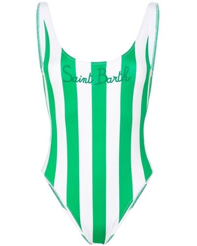 Mc2 Saint Barth Logo Striped One-Piece Swimsuit - Green