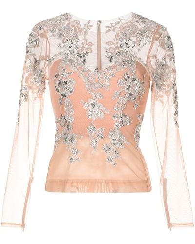 Zuhair Murad Sequinned Floral-lace Top - Pink