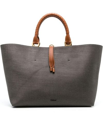 Chloé Marcie Linen Tote Bag - Women's - Linen/flax/calf Leather - Black