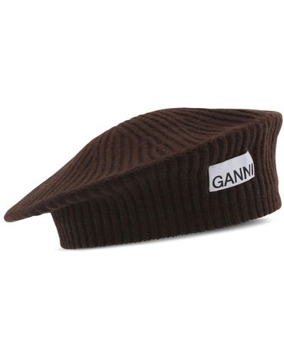 Ganni Logo-appliqué Ribbed Beret - Brown