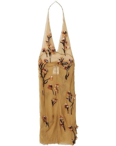 Miu Miu Chiffon Dress With Floral Embroidery - Metallic