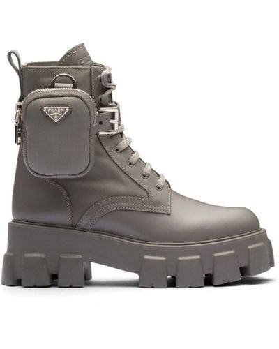 Prada Monolith Leather And Re-Nylon Boots With Pouch - Grey