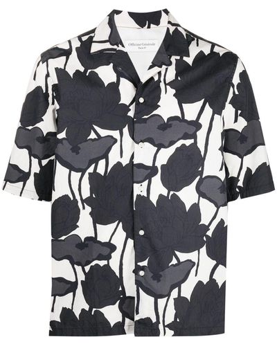 Officine Generale Floral-print Short-sleeve Shirt - Black