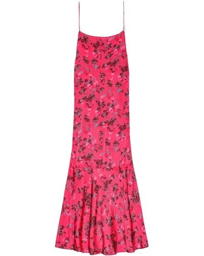 Ganni Floral-print Satin Slip Dress - Red