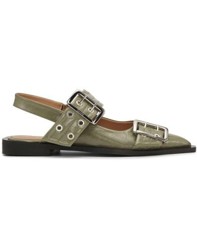 Ganni Buckled-strap Slingback Ballerina Shoes - Green