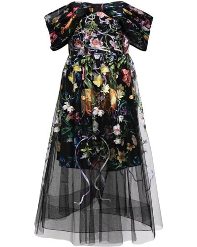 Marchesa Ribbons Floral-embroidered Midi Dress - Black