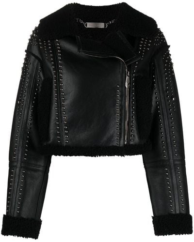 Philipp Plein Shearling Cropped Leather Jacket - Black