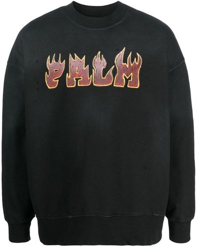 Palm Angels Logo Flames Cotton Sweatshirt - Black