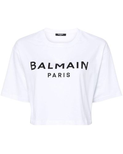 Balmain Cropped-T-Shirt mit Logo-Print - Weiß
