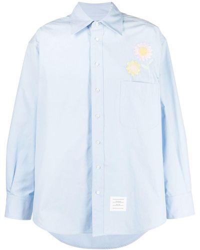 Thom Browne Floral-embroidered Long-sleeved Shirt - Blue