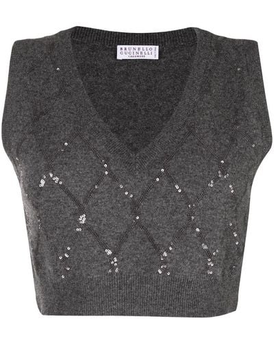 Brunello Cucinelli Sequin V-neck Top - Black