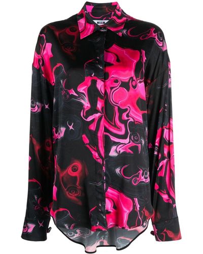 MSGM Magma-print Satin-finish Shirt - Pink