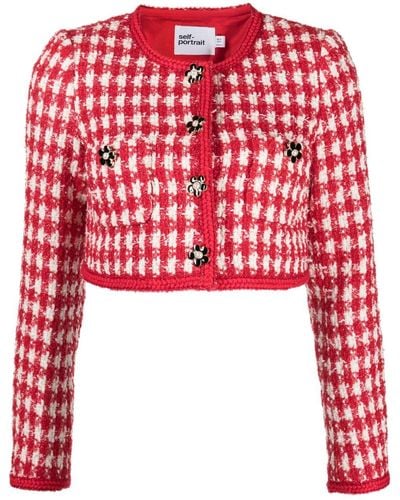 Self-Portrait Checked Bouclé Cropped Jacket - Red