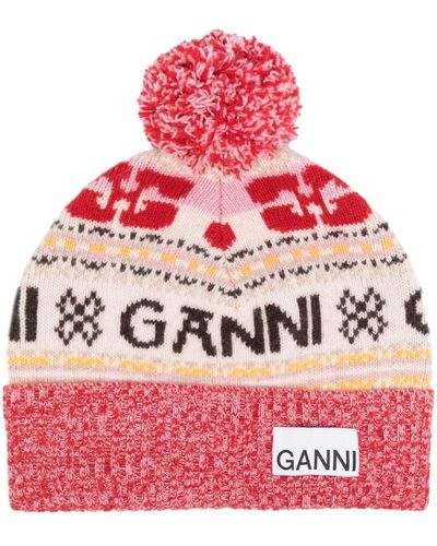 Ganni Bonnet en maille intarsia à patch logo - Rouge
