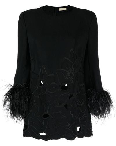 Elie Saab Floral-appliqué Feather-trim Minidress - Black