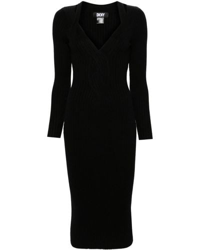 DKNY V-neck Ribbed Midi Dress - Black