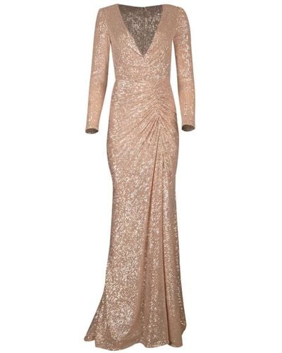 Reem Acra Ruched Sequined Gown - Natural