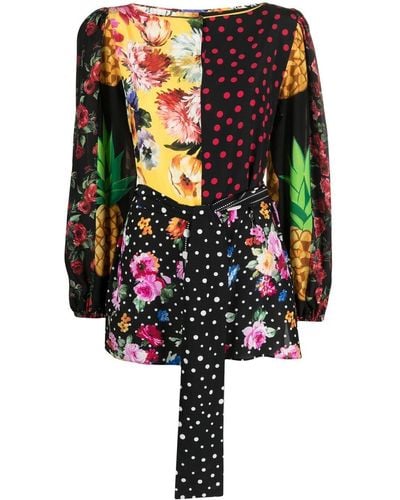 Dolce & Gabbana Blusa maniche lunghe in crêpe de chine patchwork con cintura - Multicolore