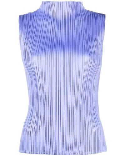 Pleats Please Issey Miyake Blouse plissée à design sans manches - Bleu