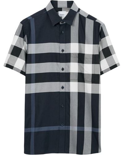 Burberry Checked Short-sleeve Cotton Shirt - Blue