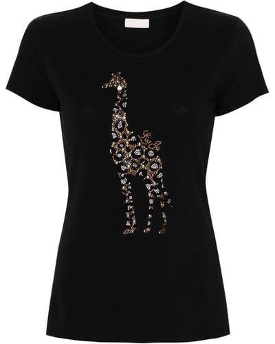 Liu Jo | T-shirt in cotone stretch con stampa giraffa con strass | female | NERO | L
